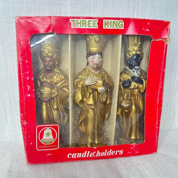 Vintage Mid Century 3 King Candle Holder Painted Plaster Wisemen Christmas Decor - Picture 2 of 13